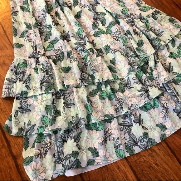 NWT LOFT Blue and Black Green Floral Maxi Dress Layered Ruffles Puff Sleeves - Picture 7 of 15
